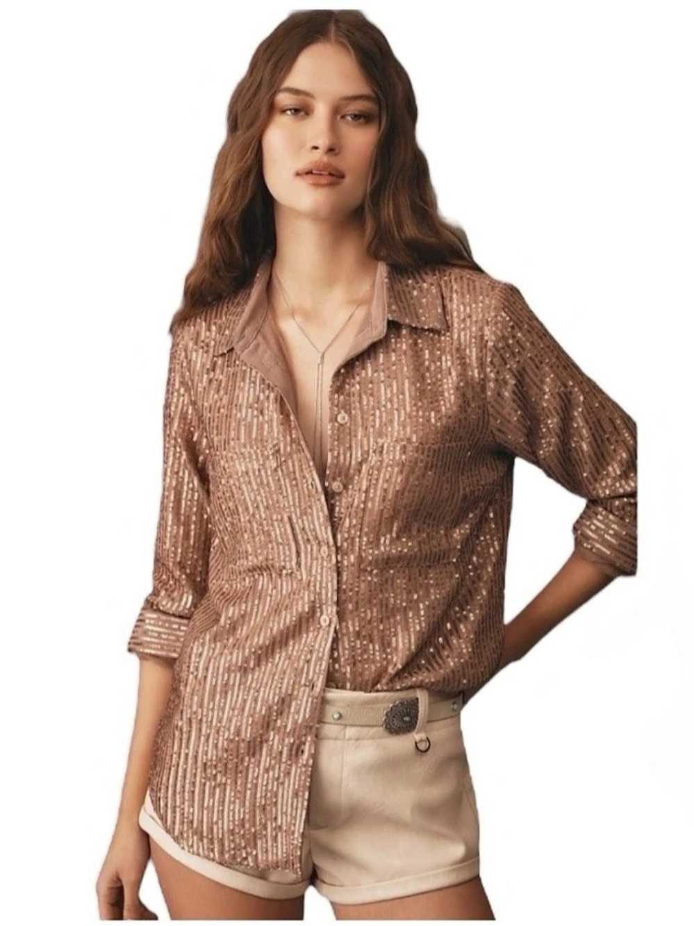 NWT Anthropologie Sequin Button Down in Brown Small.